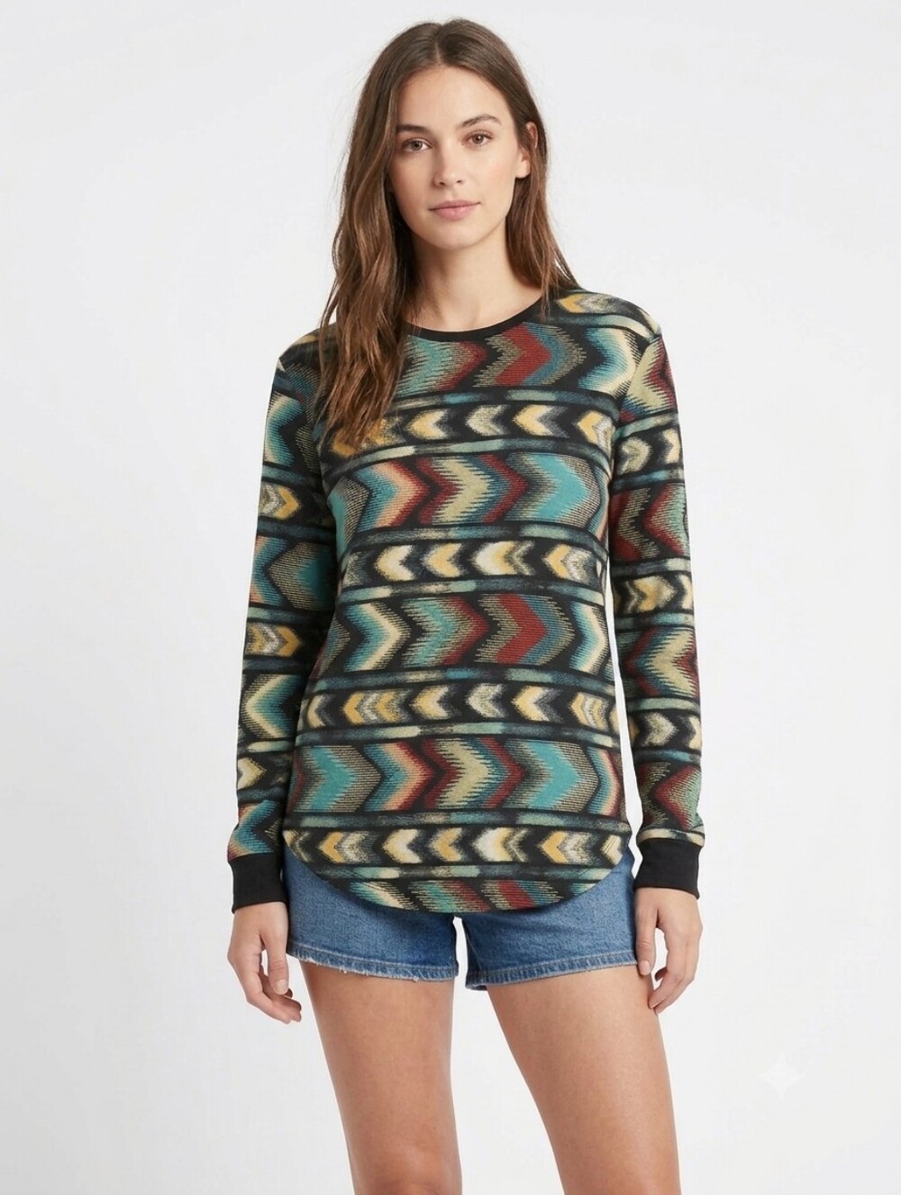 Patterned Multicolor Crewneck Long-Sleeve Top Up To Size 3XL